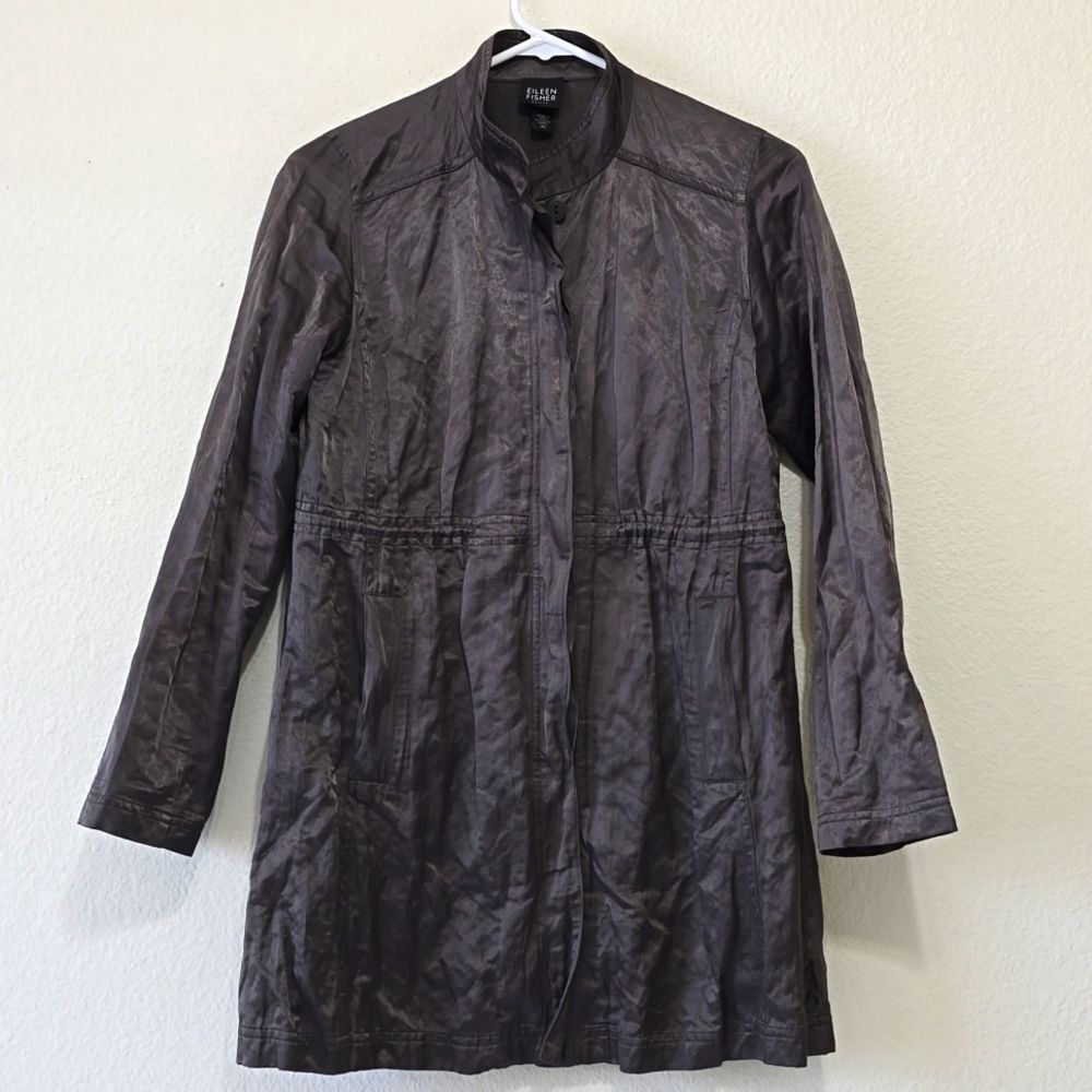Eileen Fisher Steel Satin Drawstring Jacket Long Sleeve Gray Women Casual SP